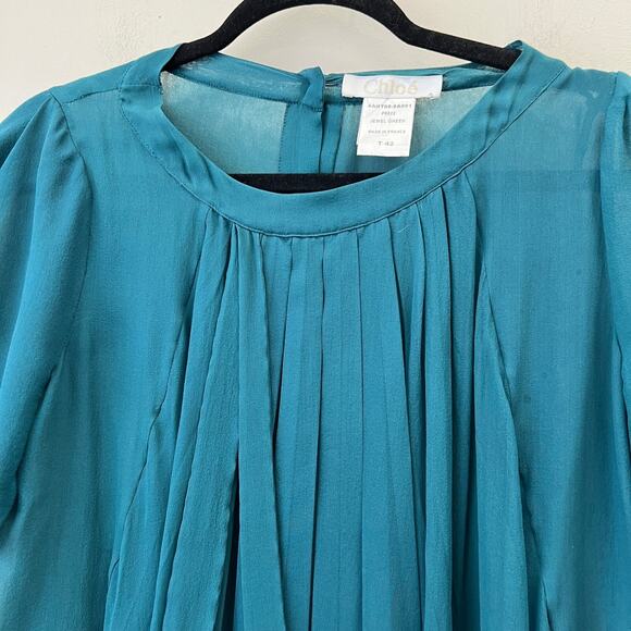 Chloe Top Size 42 US 6 Green Short Sleeve Pleated Gathered Chiffon Sheer Blouse - Picture 2 of 6